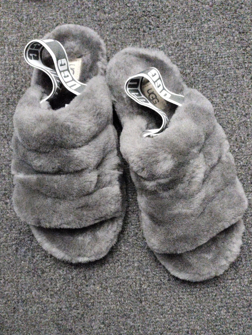 UGG Women's Grey Plush Slide Sandals with Branded Elastic Strap
